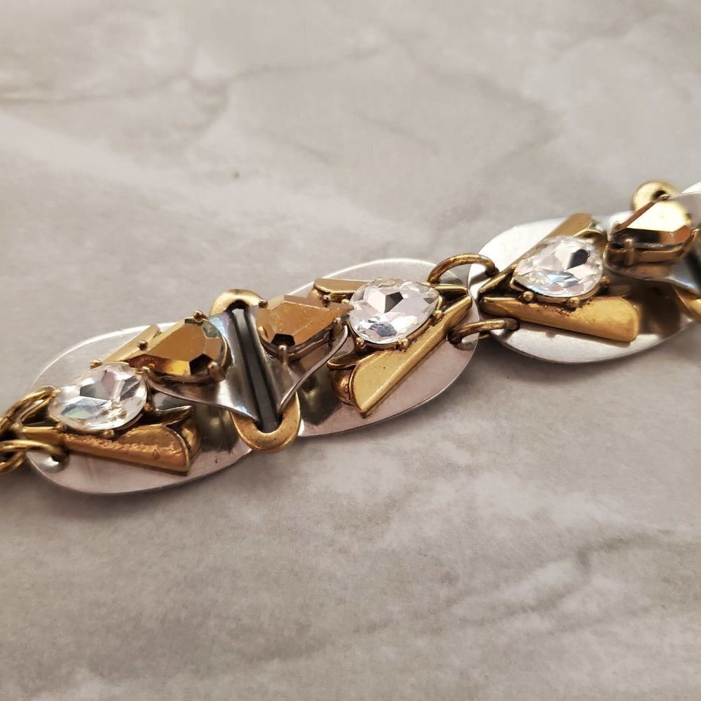 ✨ J.Crew Bracelet Silver Gold Rhinestones Crystals Antiqed Statement Chunky ✨ - Picture 3 of 11